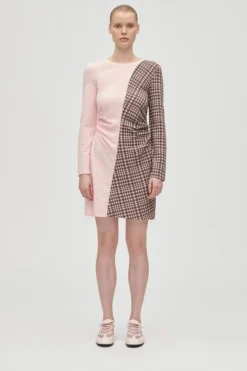 Stine Goya Kjoler<2118 Checkered Jersey, Ruched Waist Short Dresssg-aw25-d157-2118