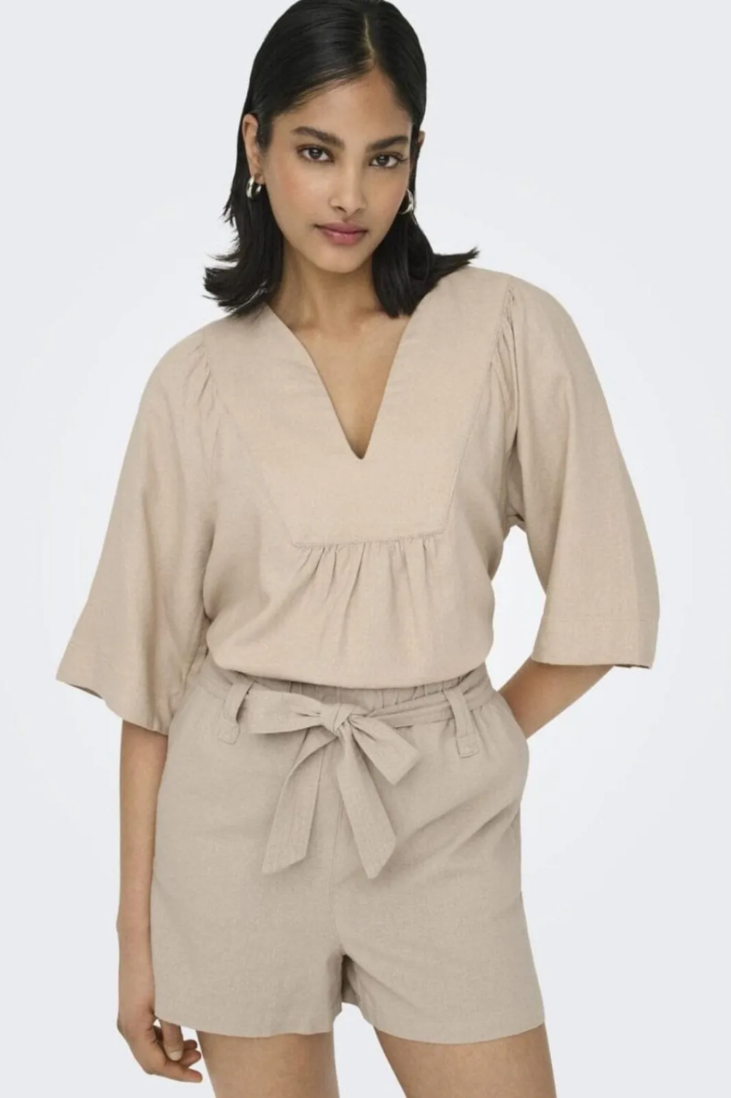 New Onlcaro 2/4 V-Neck Linen Bl Top Cc T-Shirts & Toppe