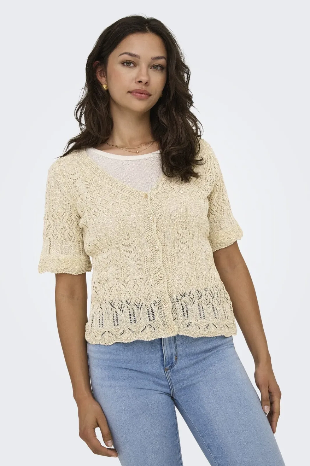 Only T-Shirts & Toppe|Ammevenligt Tøj<Onllovely Ss Glitter Button Top Knt