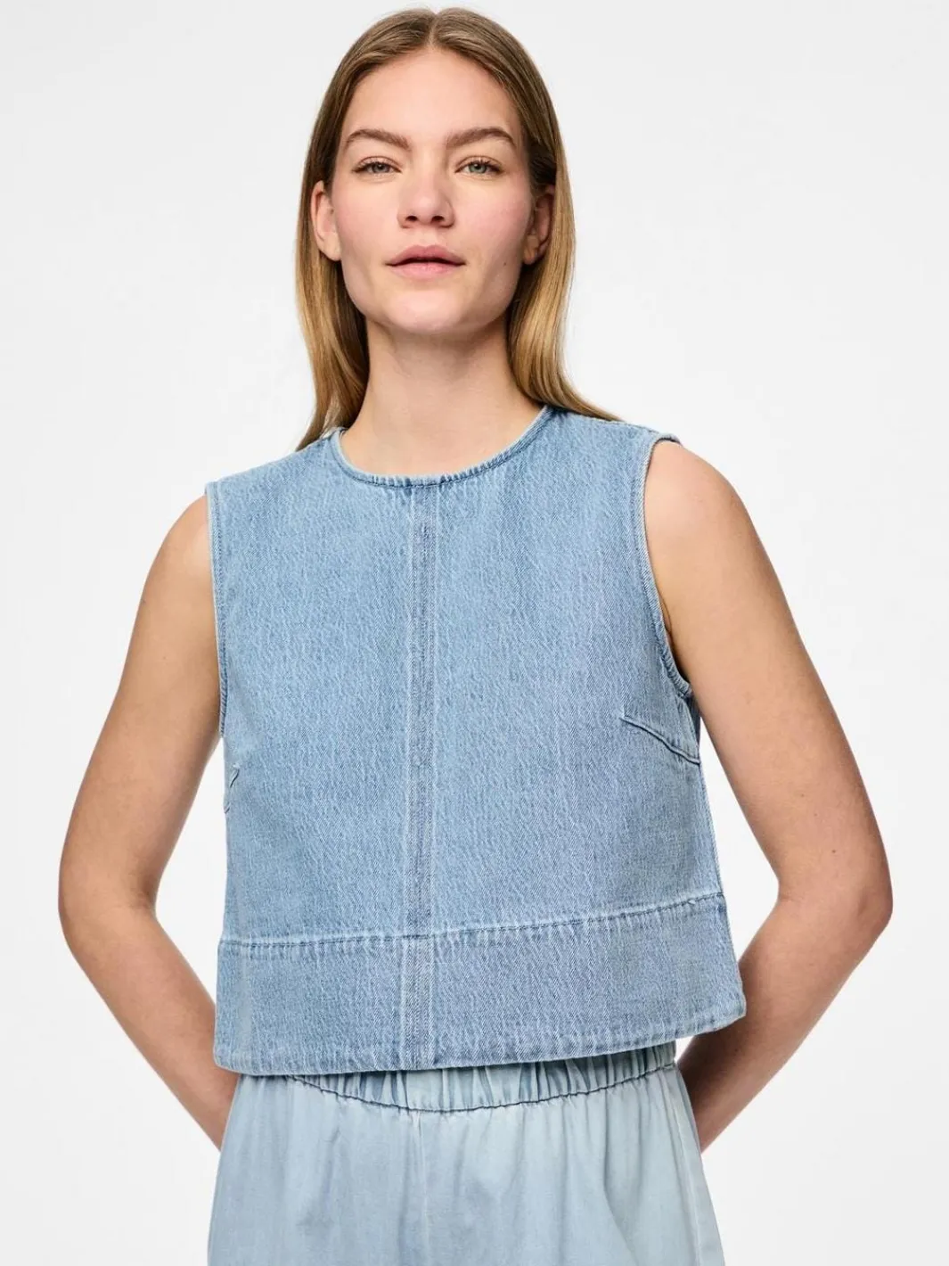 Pieces T-Shirts & Toppe<Pcflora Sl Denim Top